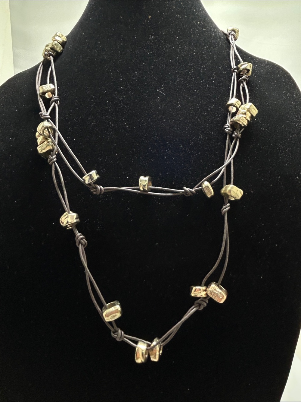 Chico’s. black Leather Nuts And Bolts Long Necklace, Mixed Metal
